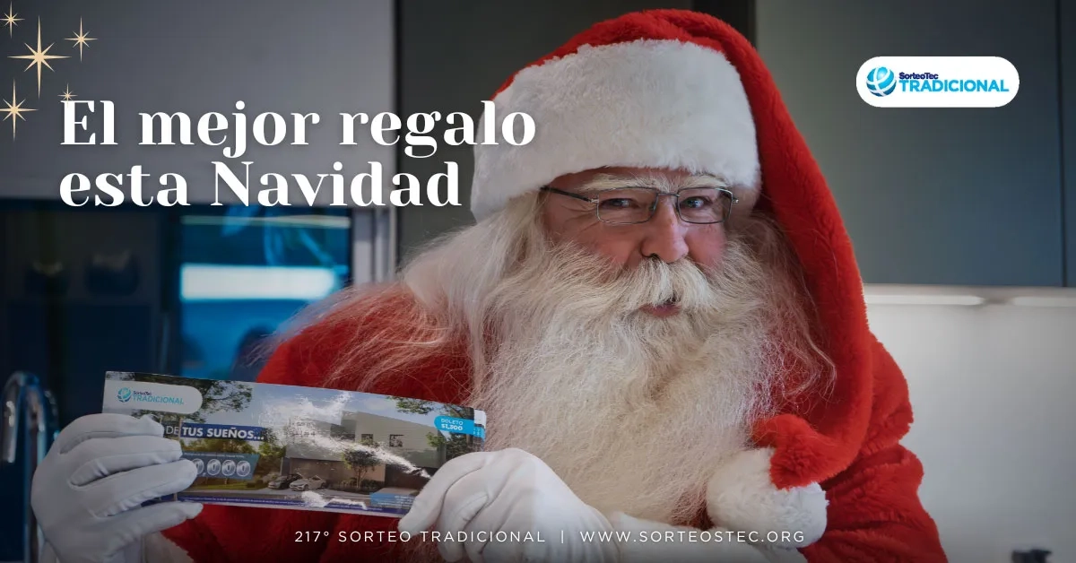 Santa Claus sosteniendo boletos del Sorteo Tec.