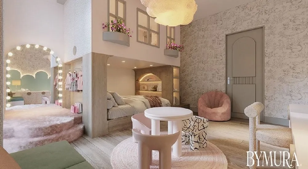 Cuarto infantil con colores pasteles.